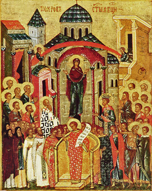 icon of the Protection of the the Mother of God, the Theotokos, with saints